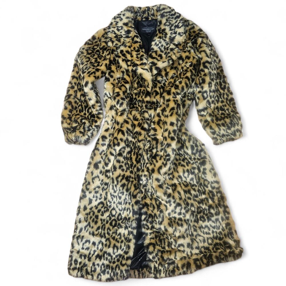 DONNA SALYERS FABULOUS FURS Leopard Faux Fur Long Coat Womens S Glam Luxury Chic